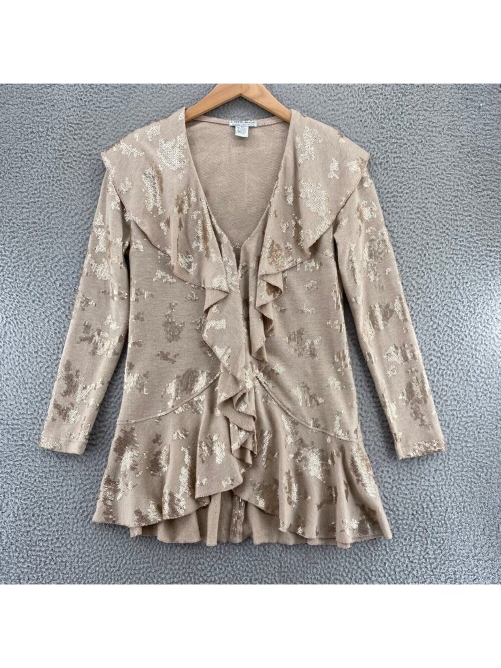 Alberto Makali Sweater Womens Small Gold Sequin Cardigan Ruffled Shawl V Neck